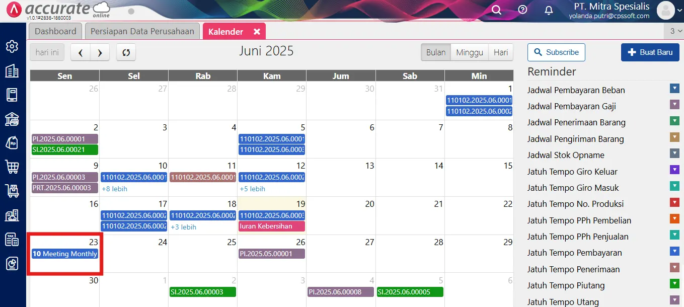 baca kalender Accurate Online